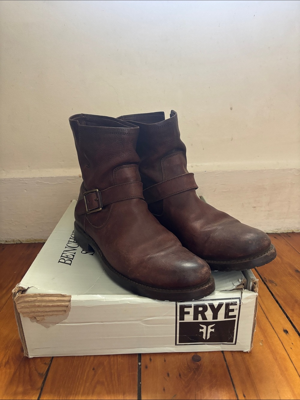 Frye Brown Leather Harness Booties with Ankle Buckle